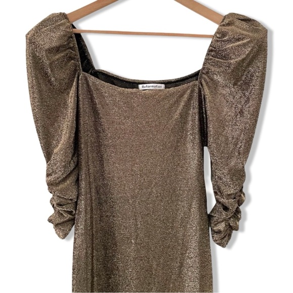 Reformation Rahm Ruched Puff Sleeve Midi Dress in Bronze Sparkle | Size XS - Picture 7 of 16